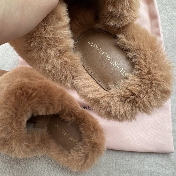 Brand New Beige/Light Brown Stuart Weitzman Edie Chill Suede & Faux Fur Mules - Picture 7 of 11